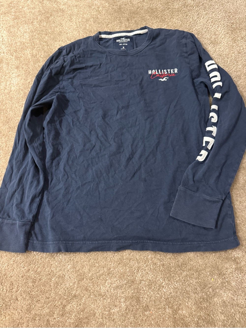 Hollister Navy Long Sleeve Logo Tee with White Sleeve Script